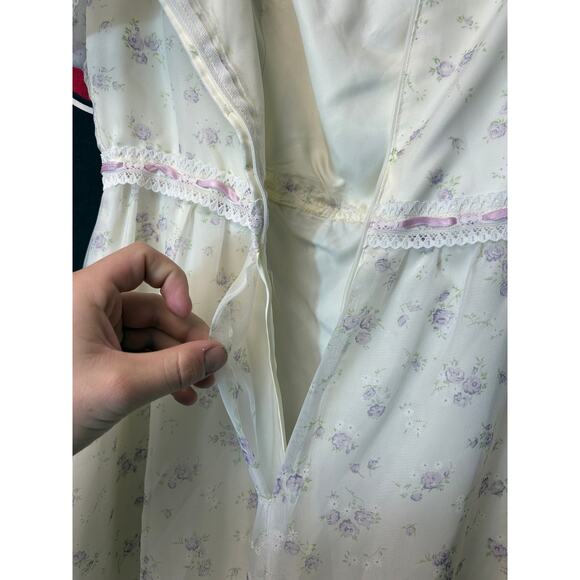 VINTAGE 70s Maxi Dress Womens Floral Sheer Tiered Puff Sleeve Fairy Prairie XS - Picture 6 of 7